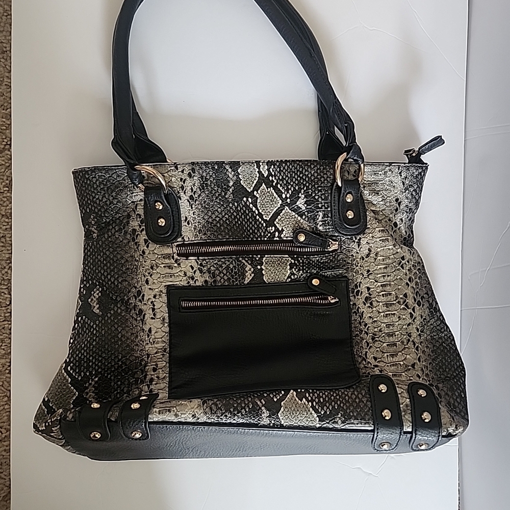 Black Rivet Snake Print Shoulder Bag